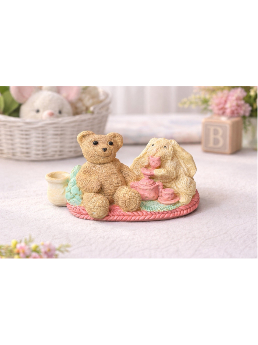 1988 Candle Lights United Design Teddy Bear Bunny Tea Party Figurine USA